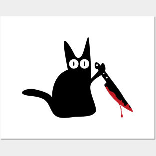 black spooky cat with bloody knife Posters and Art